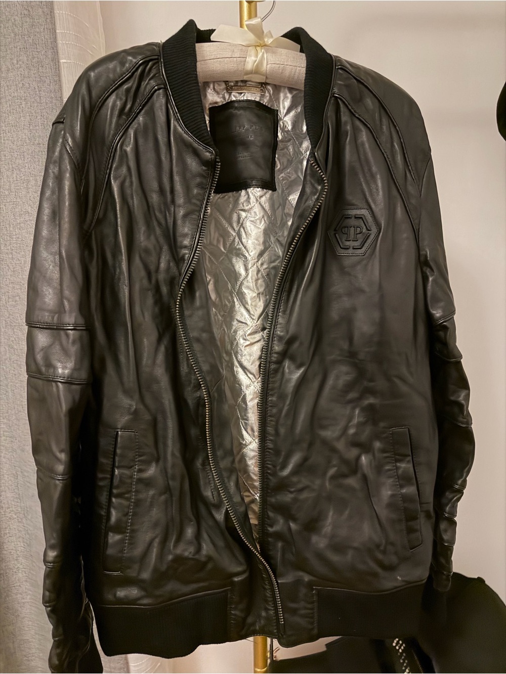 Philipp Plein Black Leather Bomber Jacket with Silver Quilted Lining